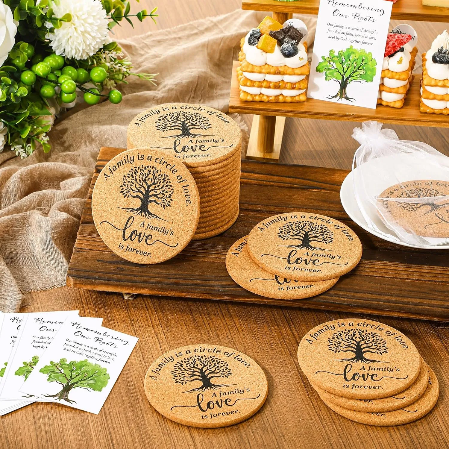 75 Sets Family Reunion Favors Include a Family is a Circle of Love Cork Coaster Absorbent Cork Mat with Cards and Organza Gift Bags for Reunion Gathering Party Gift