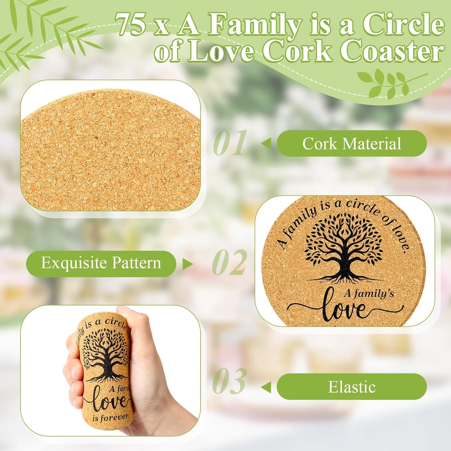 75 Sets Family Reunion Favors Include a Family is a Circle of Love Cork Coaster Absorbent Cork Mat with Cards and Organza Gift Bags for Reunion Gathering Party Gift