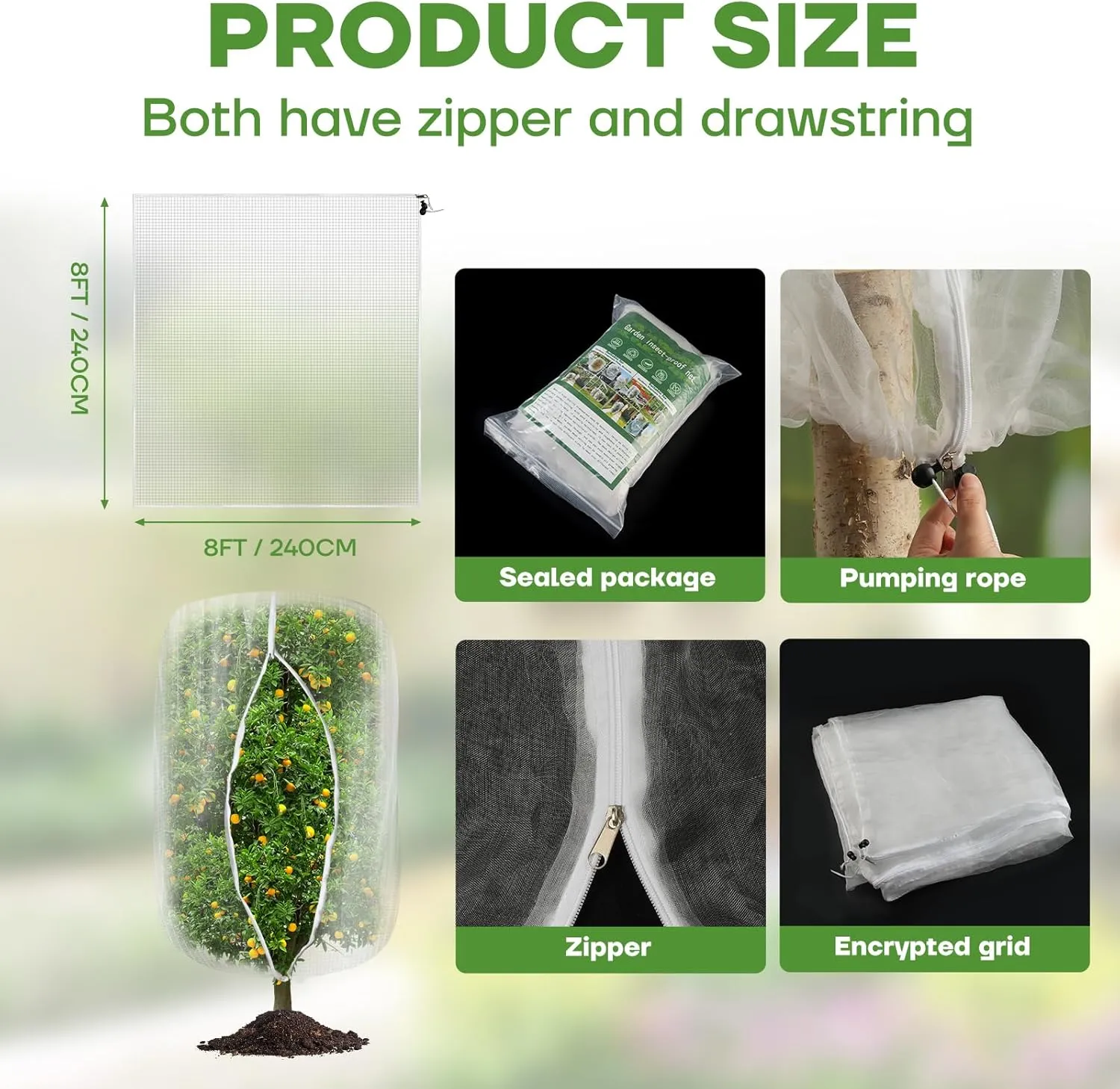 8FT x 8FT Fruit Tree Netting with Zipper and Drawcord, 2Pcs Garden Plant Net Pest Barrier Bag, Insect Bird Mesh Netting Cover for Protect Vegetables Flower Blueberry