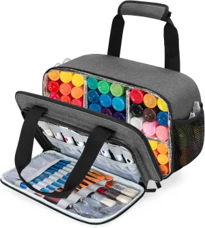 Acrylic Paint Organizer Bag for up to 54 Bottles (2 oz), Art Supply Storage Case with Handle Strap, Extra Pocket for Paint Brushes, Palette Board, Aluminum Foil Liner for Easy Cleaning (Grey)