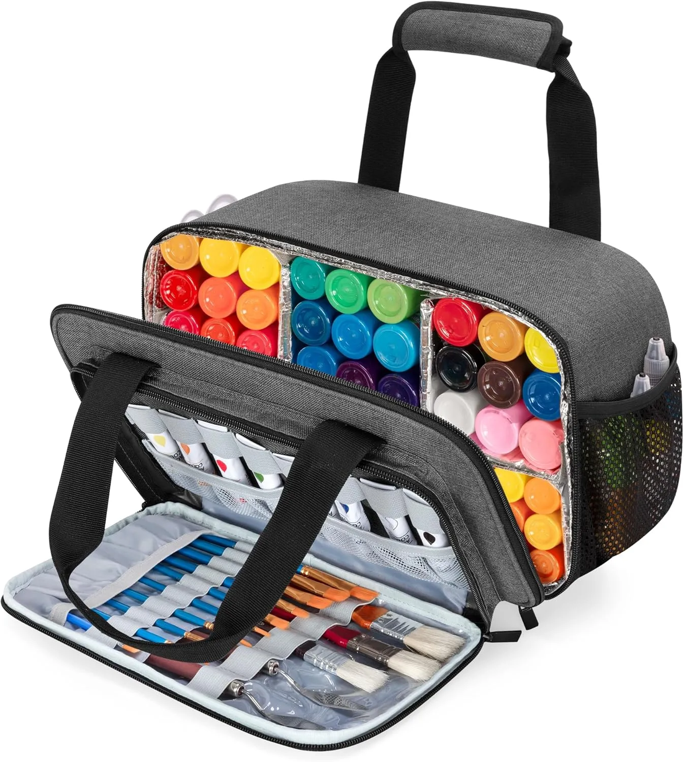 Acrylic Paint Organizer Bag for up to 54 Bottles (2 oz), Art Supply Storage Case with Handle Strap, Extra Pocket for Paint Brushes, Palette Board, Aluminum Foil Liner for Easy Cleaning (Grey)