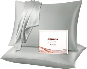 Adubor Silk Pillowcase 2 Pack for Hair and Skin with Hidden Zipper, Both Sides 23 Momme Silk Pillow Case (Dark Grey, Queen: 20''X30'')