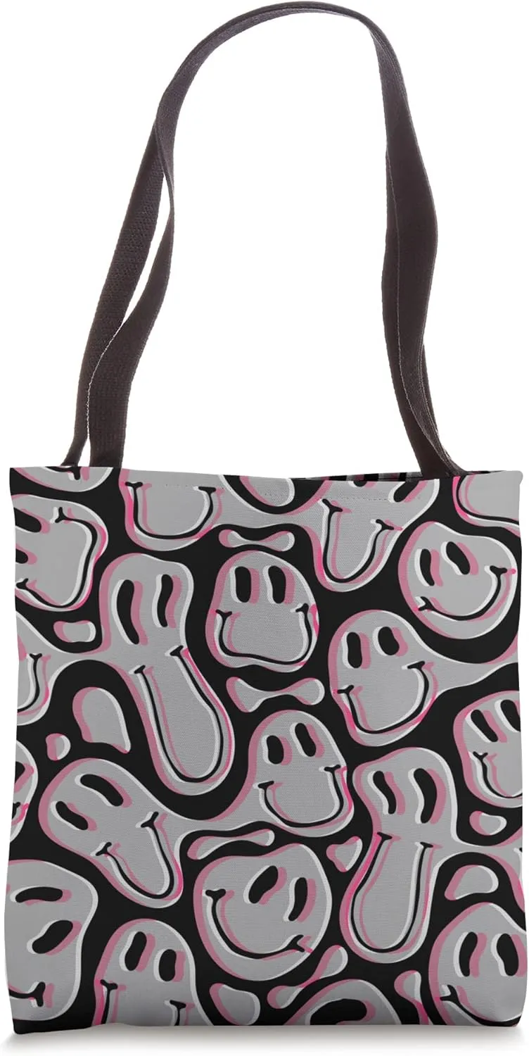 aesthetic trippy grey pink liquid swirl dripping smile face Tote Bag
