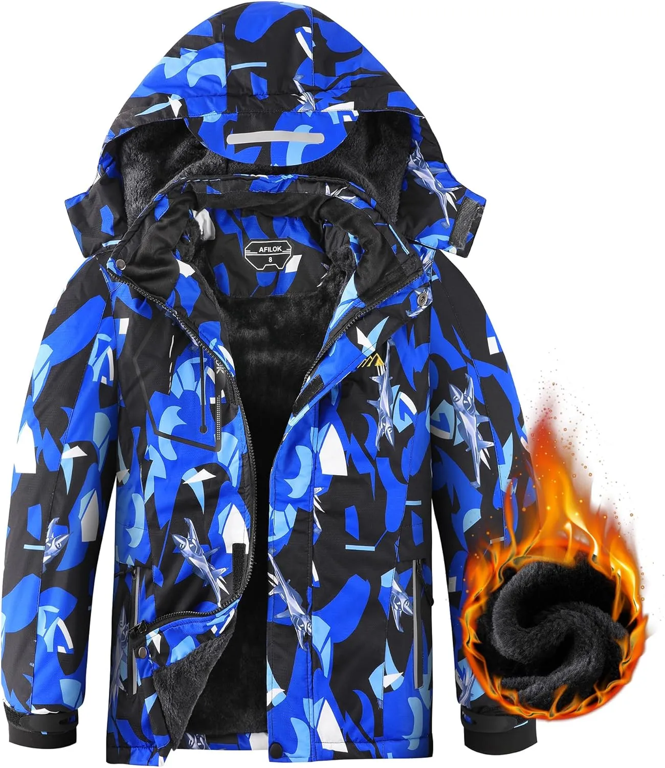 AFILOK Boy's Ski Jacket Waterproof Breathable Kids Fleece Lined Windproof Hooded Snowboard Coats