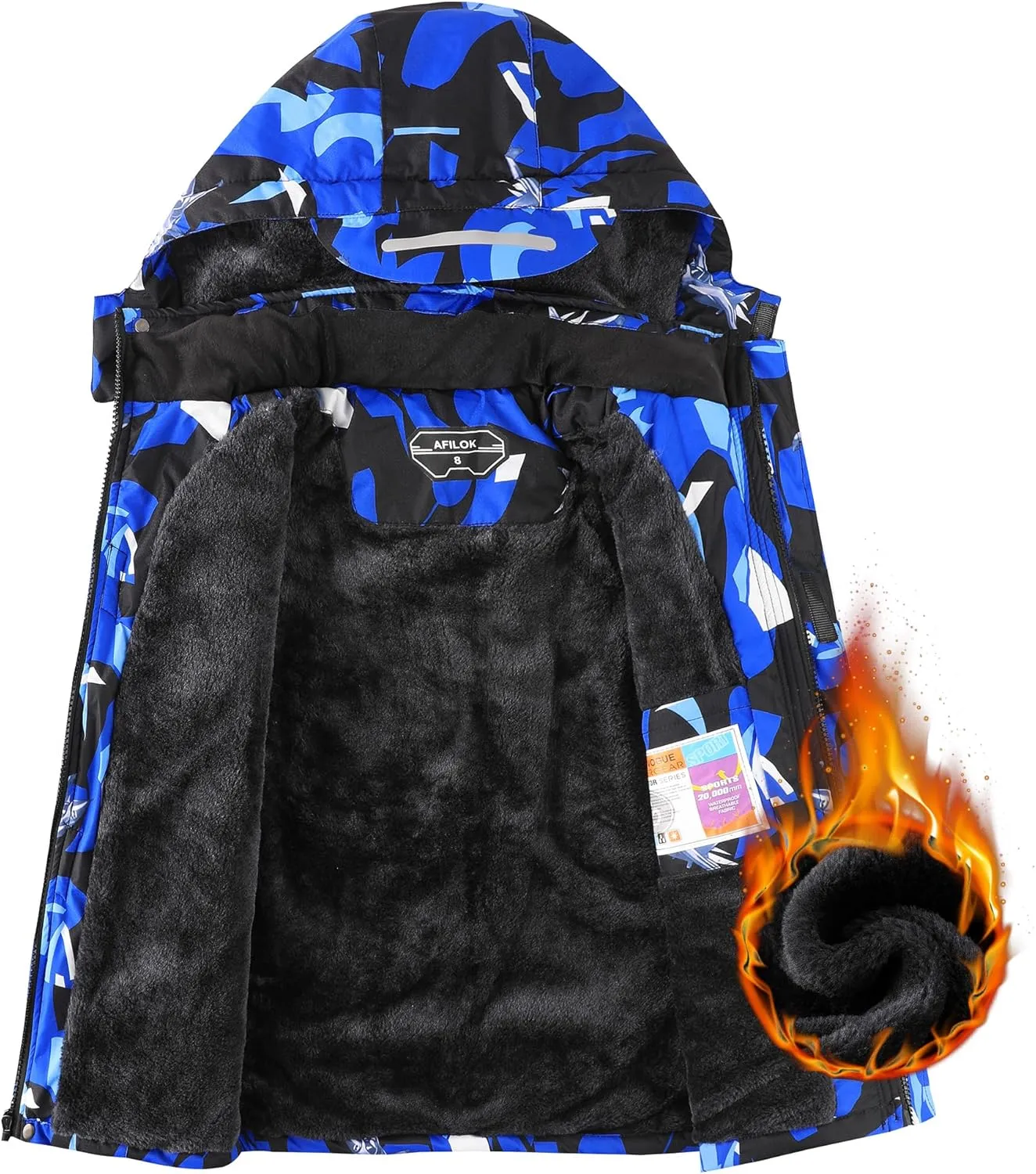AFILOK Boy's Ski Jacket Waterproof Breathable Kids Fleece Lined Windproof Hooded Snowboard Coats