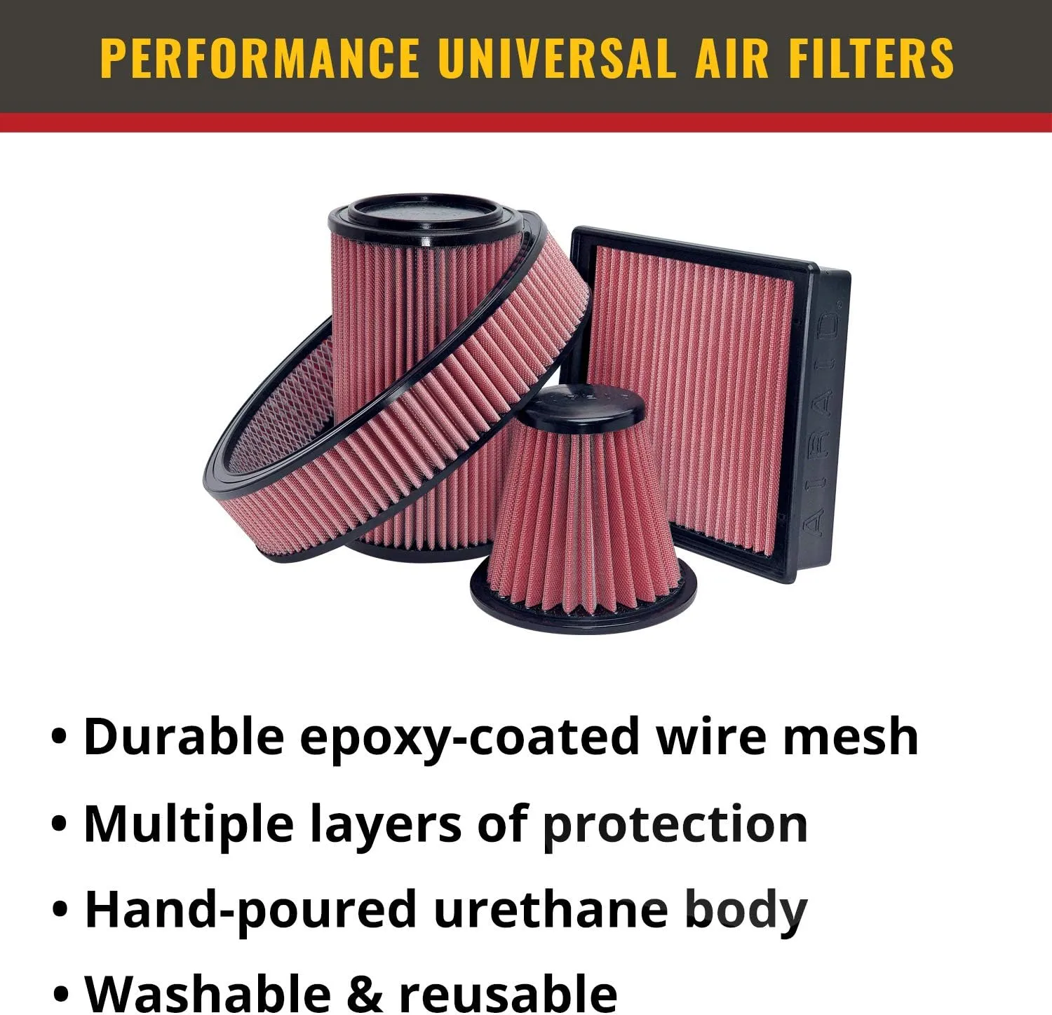 Airaid 700-420 Universal Clamp-On Air Filter: Round Tapered; 3.5 Inch (89 mm) Flange ID; 9 Inch (229 mm) Height; 6 Inch (152 mm) Base; 4.625 Inch (117 mm) Top