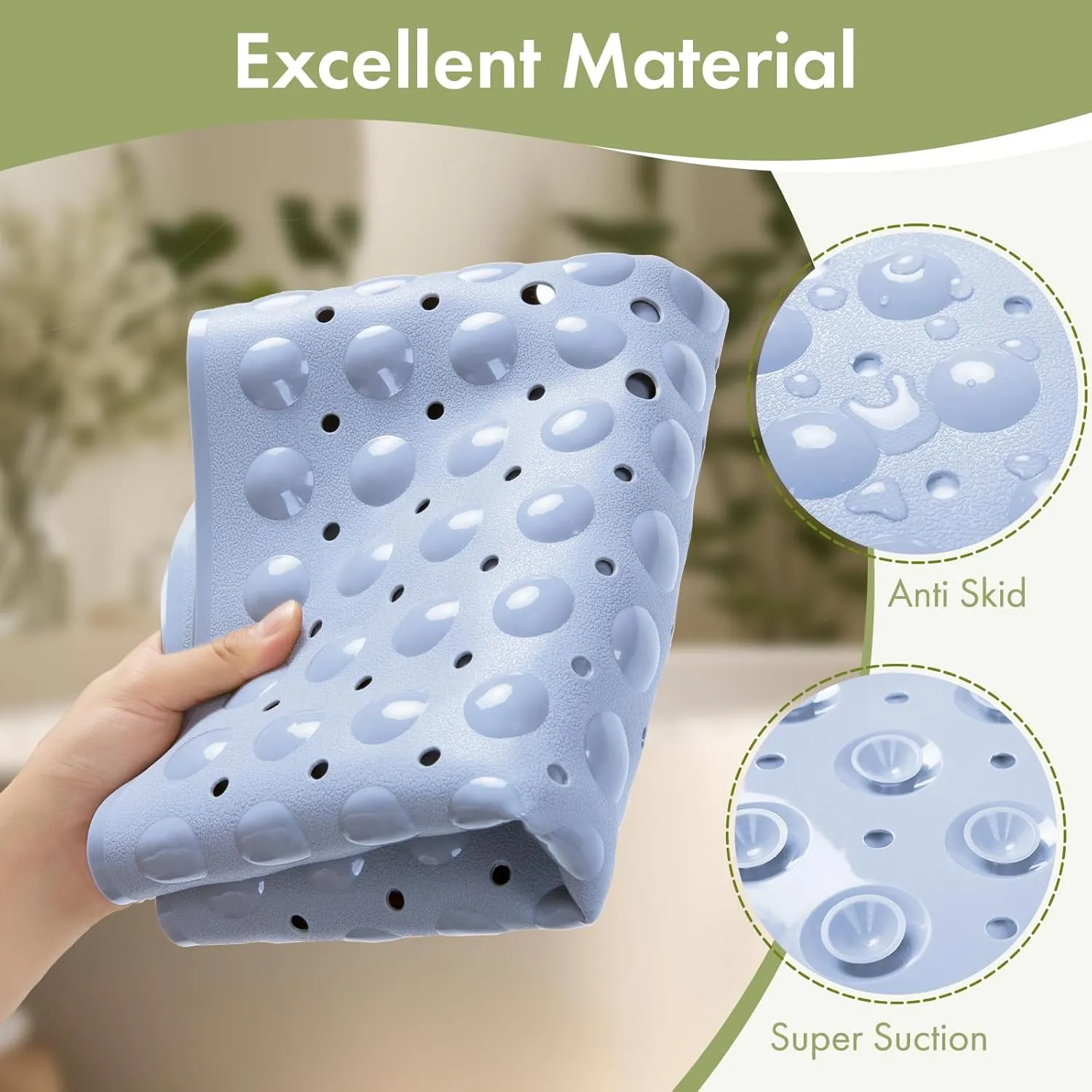 AmazerBath Shower Mat Non Slip 40 x 16 Inches, Shower Stall Mats with Suction Cups and Drain Holes, Non Slip Bath Mat for Tub for Elderly & Kids, Baby Blue
