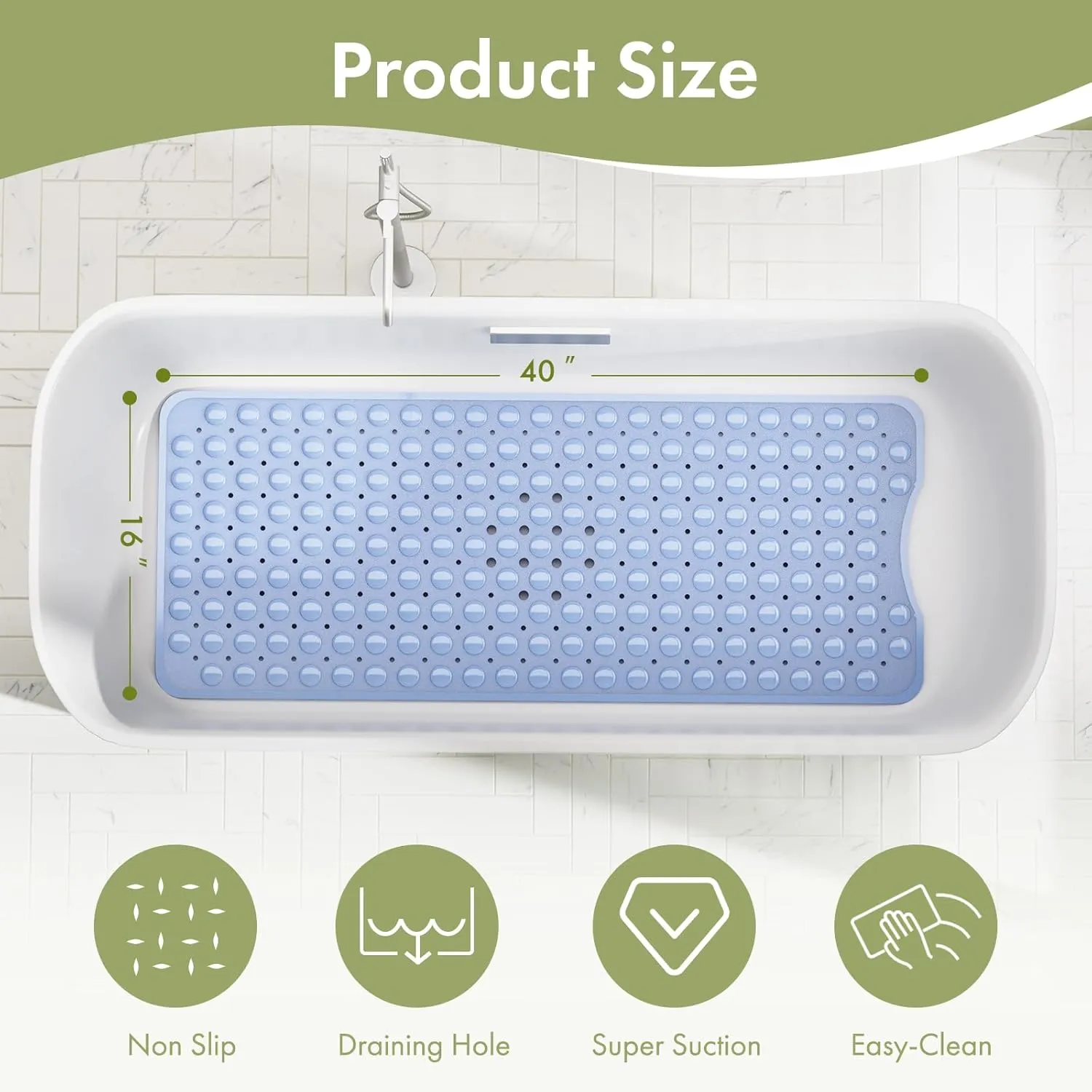 AmazerBath Shower Mat Non Slip 40 x 16 Inches, Shower Stall Mats with Suction Cups and Drain Holes, Non Slip Bath Mat for Tub for Elderly & Kids, Baby Blue