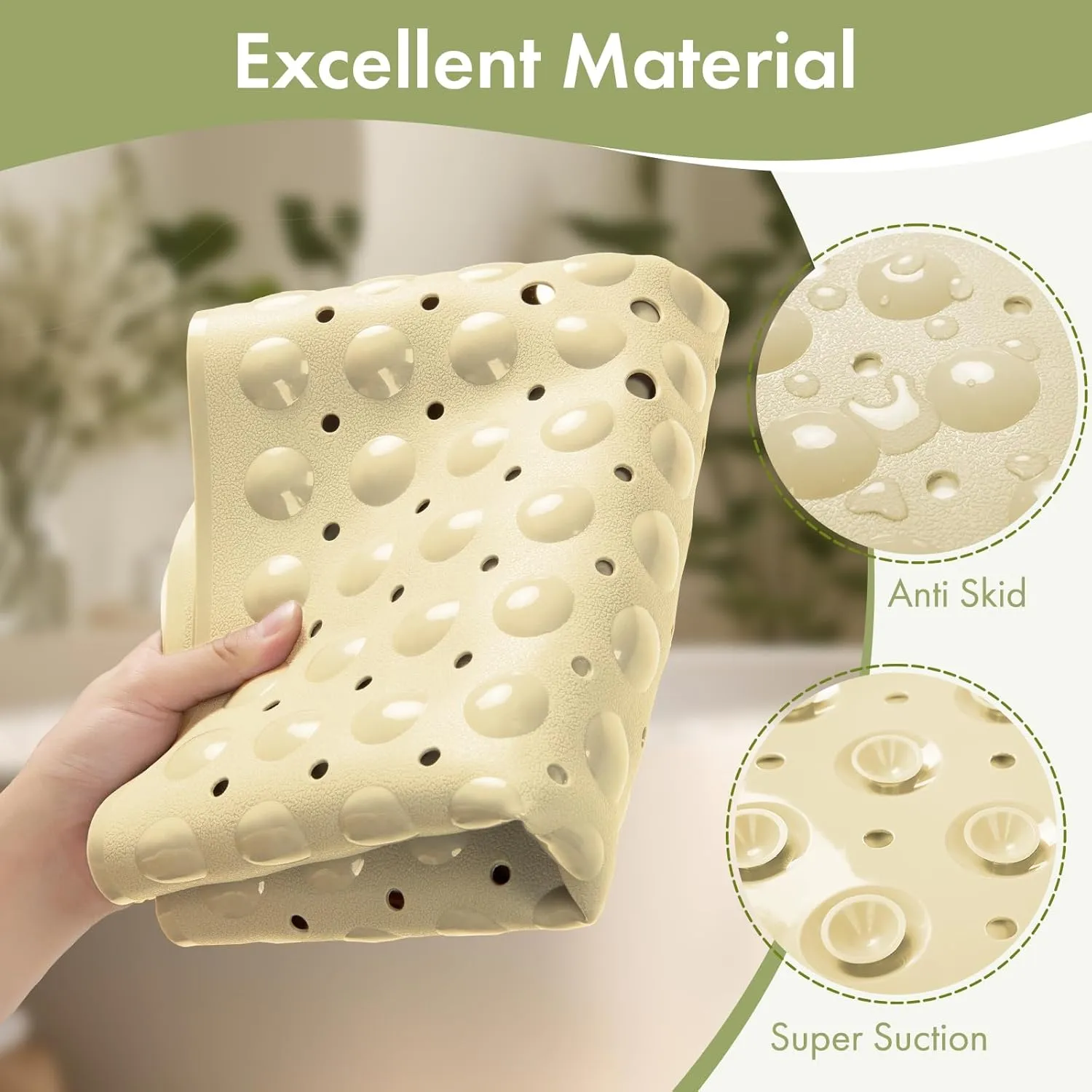 AmazerBath Shower Mat Non Slip 40 x 16 Inches, Shower Stall Mats with Suction Cups and Drain Holes, Non Slip Bath Mat for Tub for Elderly & Kids, Beige