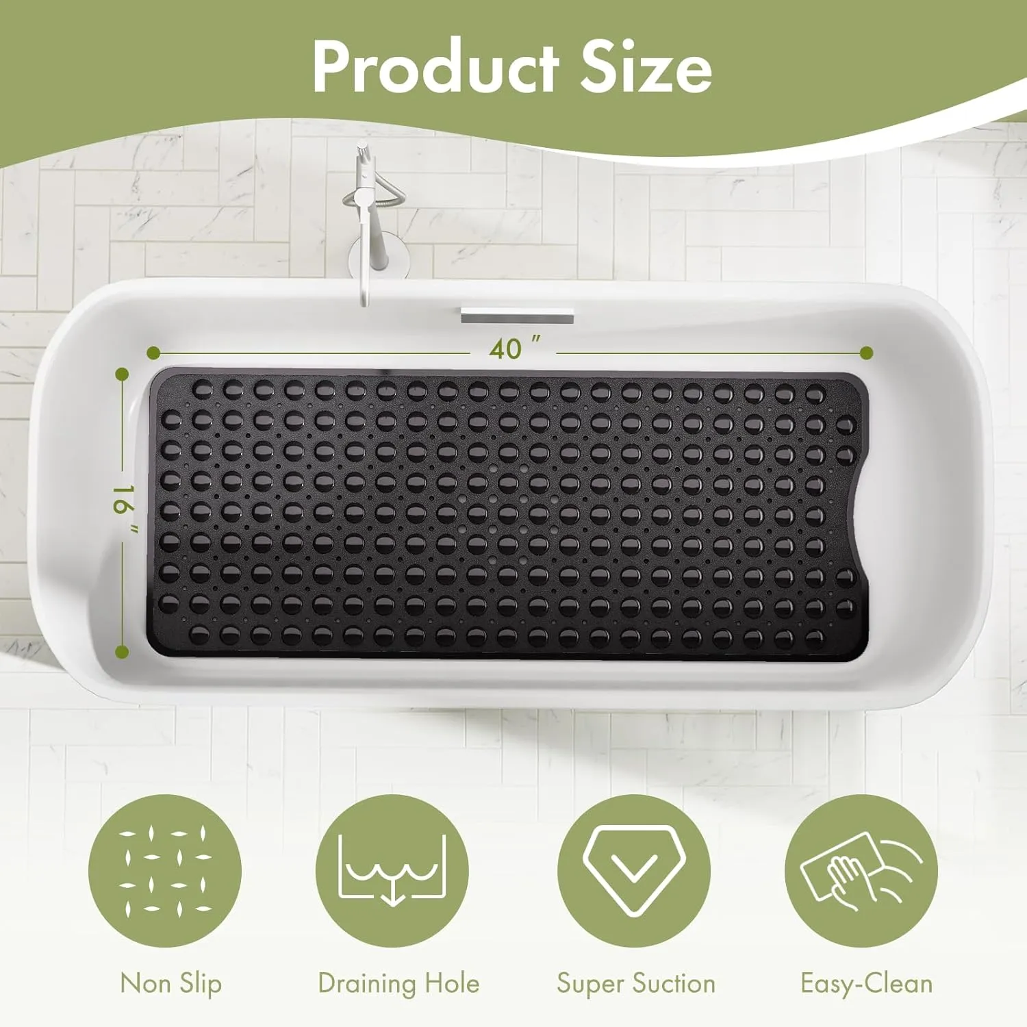 AmazerBath Shower Mat Non Slip 40 x 16 Inches, Shower Stall Mats with Suction Cups and Drain Holes, Non Slip Bath Mat for Tub for Elderly & Kids, Clear Black