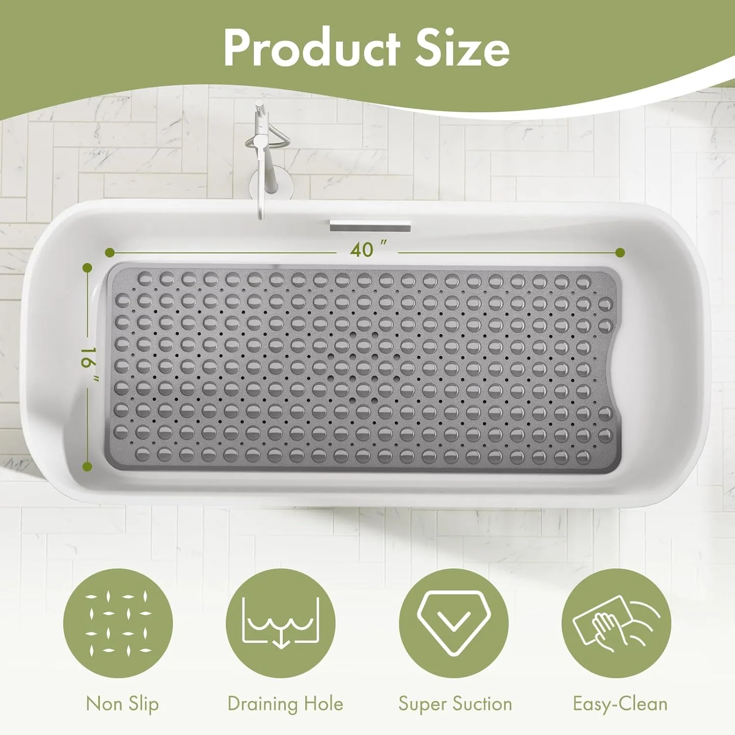 AmazerBath Shower Mat Non Slip 40 x 16 Inches, Shower Stall Mats with Suction Cups and Drain Holes, Non Slip Bath Mat for Tub for Elderly & Kids, Grey