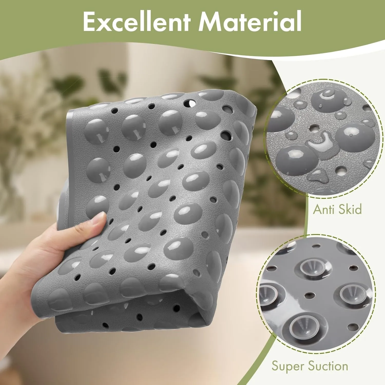 AmazerBath Shower Mat Non Slip 40 x 16 Inches, Shower Stall Mats with Suction Cups and Drain Holes, Non Slip Bath Mat for Tub for Elderly & Kids, Grey