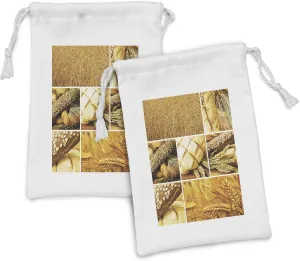 Ambesonne Harvest Fabric Pouch Set of 2, Collage Story Wheat Various Types of Bread Baking Culture Different Crusts, Small Drawstring Bag for Toiletries Masks and Favors, 9" x 6", Earth Yellow Brown
