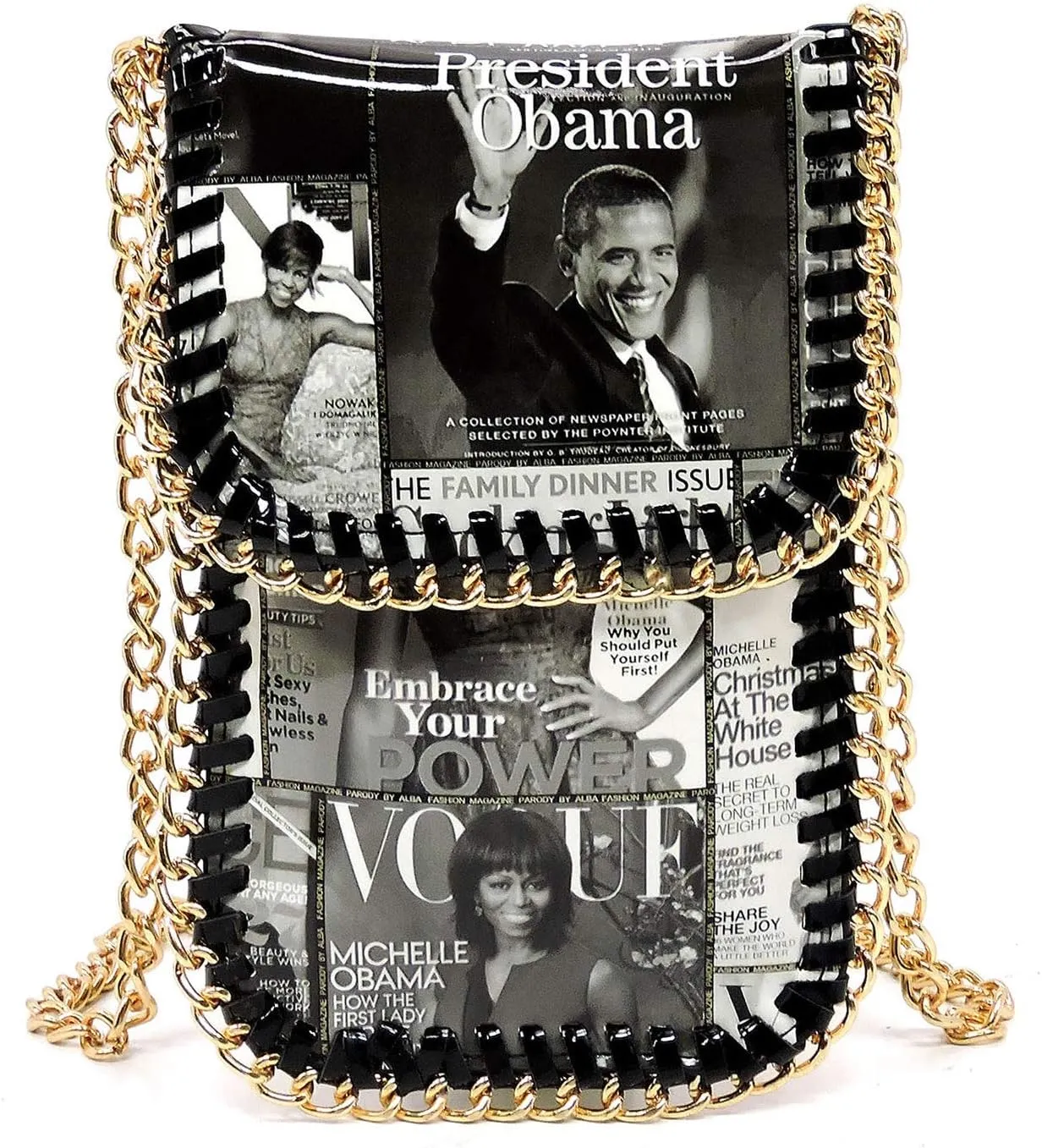 AMY&JOEY Glossy magazine cover collage chain around crossbody bag purses cellphone carrying bag Michelle Obama bags (Gy/Bk)