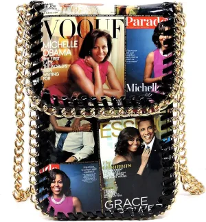 AMY&JOEY Glossy magazine cover collage chain around crossbody bag purses cellphone carrying bag Michelle Obama bags (Mt/Bk)