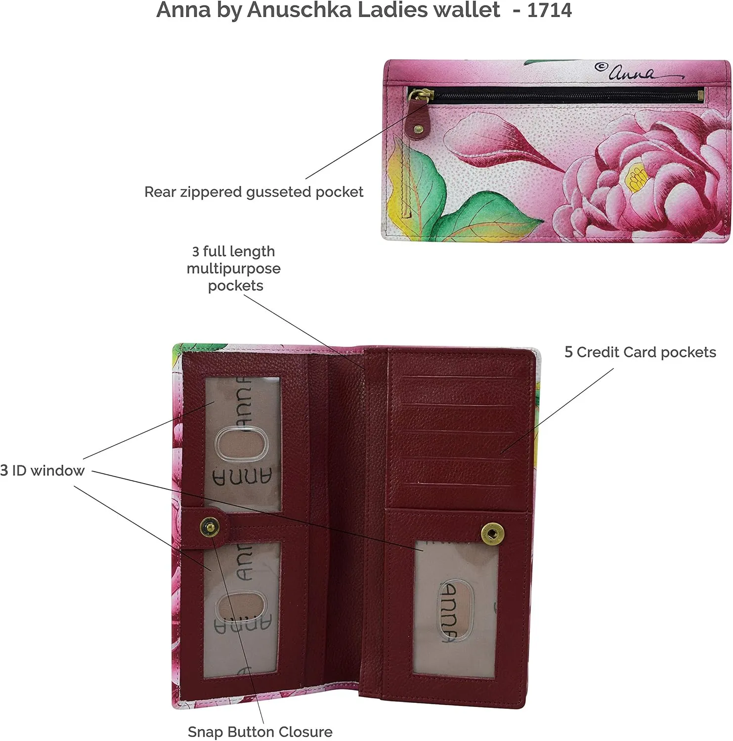 Anna by Anuschka Women's Hand Painted Leather Clutch Wallet-Precious Peony Eggplant
