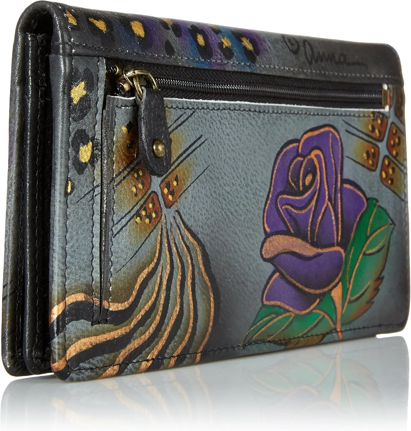 Anna by Anuschka Women's Hand Painted Leather Clutch Wallet-Precious Peony Eggplant
