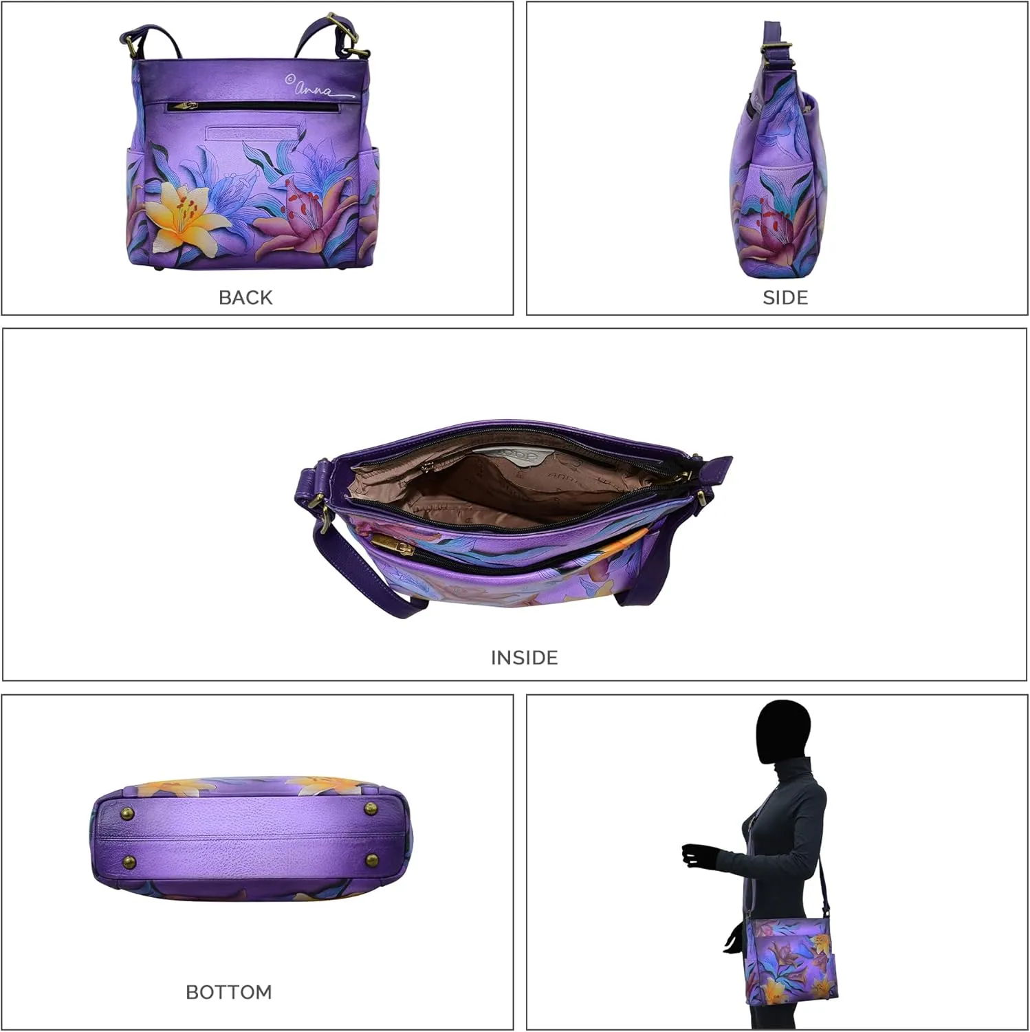 Anna by Anuschka Women's Hand-Painted Leather Crossbody with Side Pockets