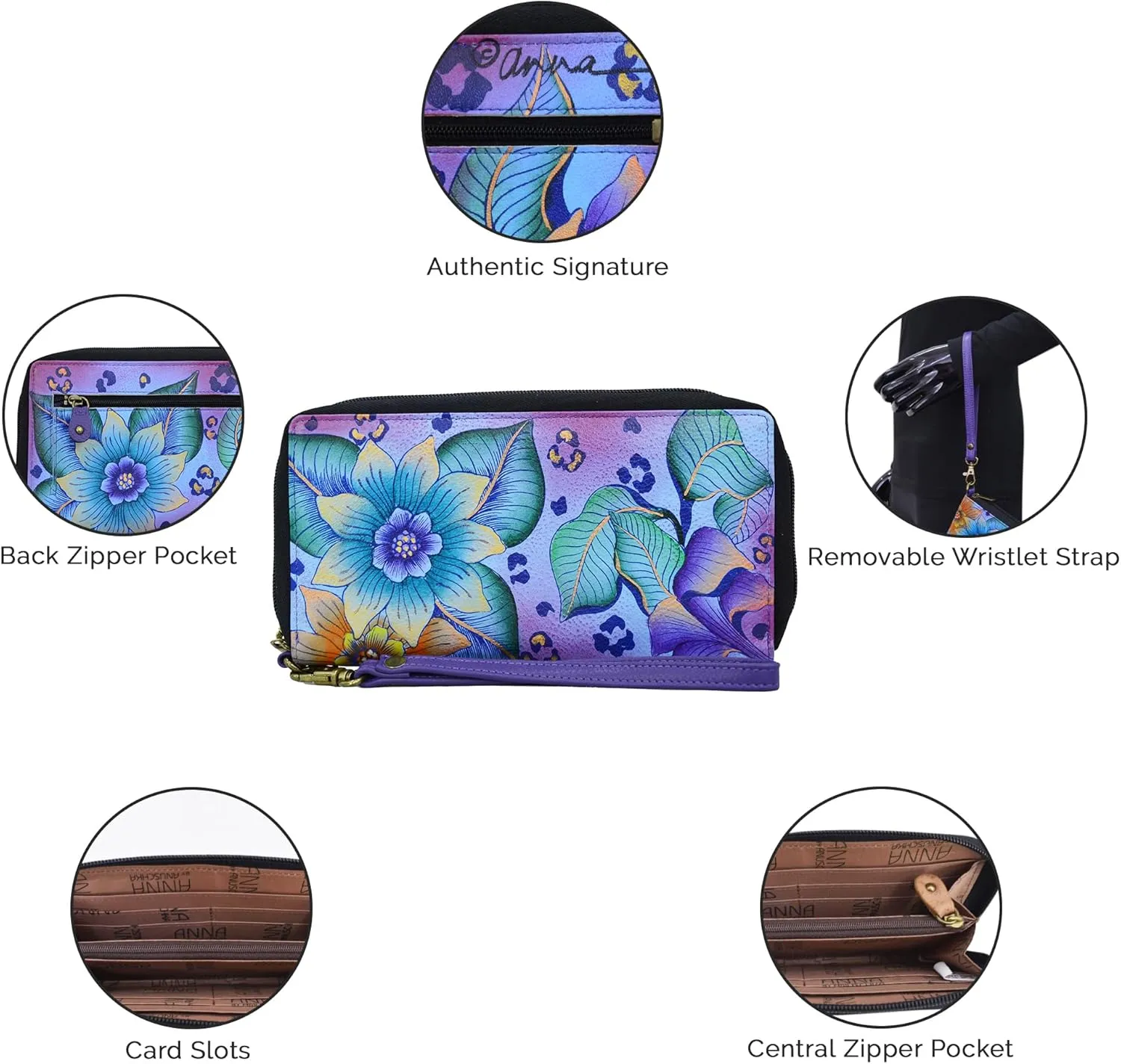 Anna by Anuschka Women's Hand Painted Leather Zip-Around Clutch Wallet