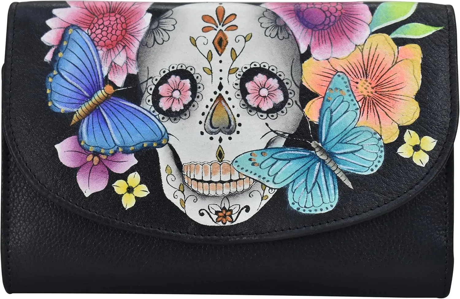 Anna by Anuschka Women's Ladies Tri Geniune Leather Hand Painted Large Three Fold Checkbook Clutch Wallet-Romantic Rose Black