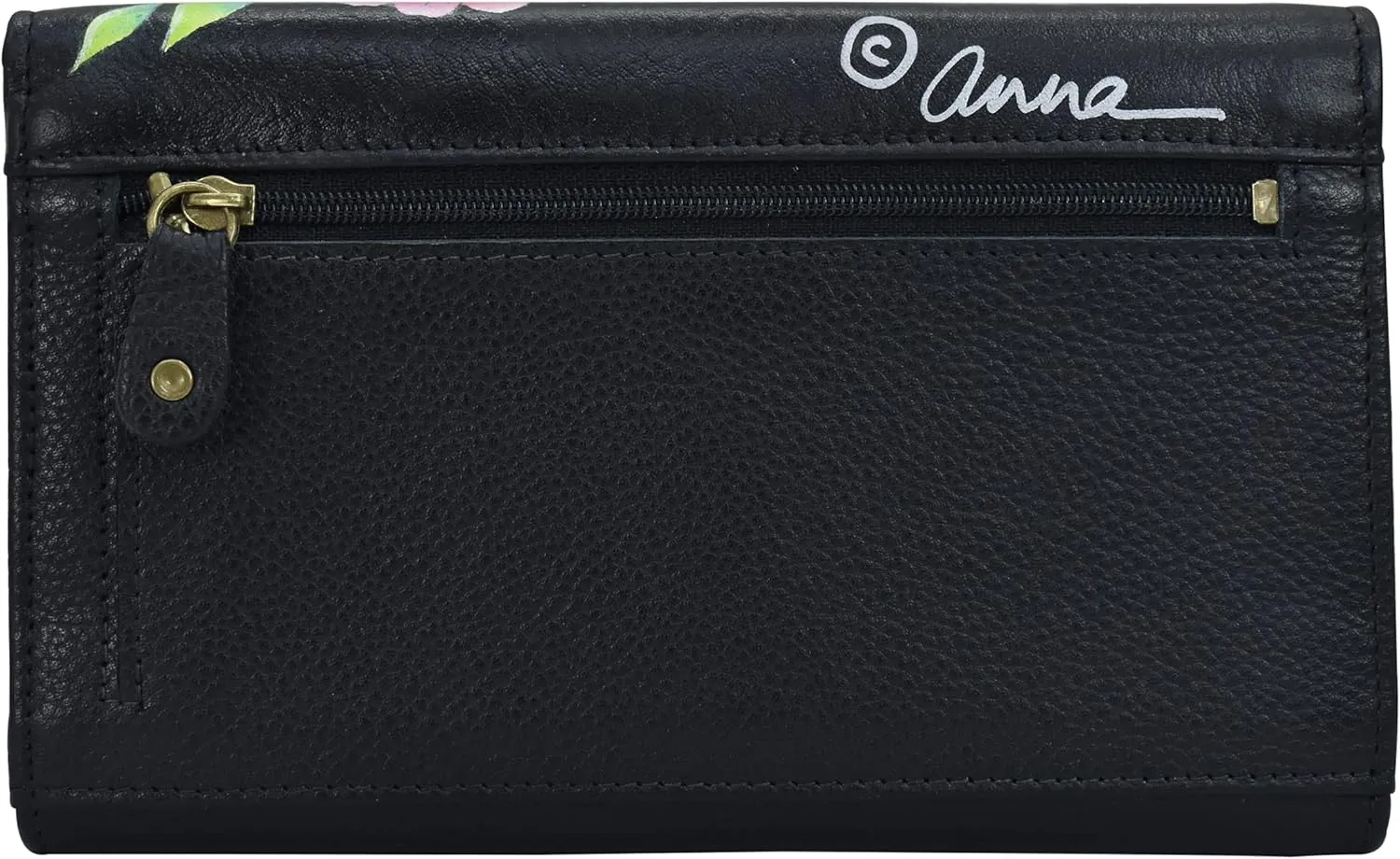 Anna by Anuschka Women's Ladies Tri Geniune Leather Hand Painted Large Three Fold Checkbook Clutch Wallet-Romantic Rose Black