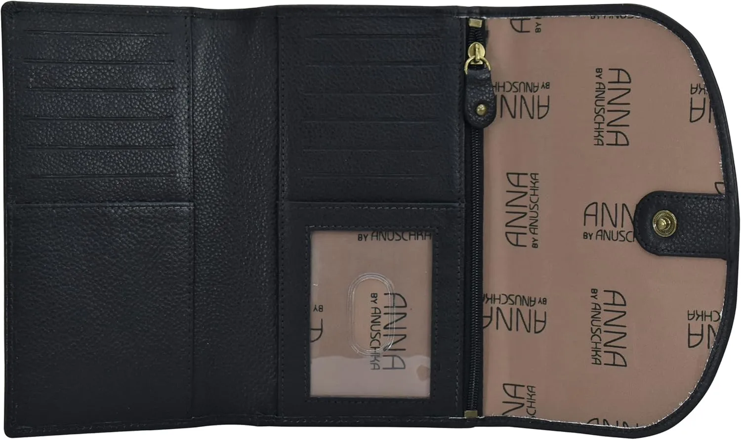Anna by Anuschka Women's Ladies Tri Geniune Leather Hand Painted Large Three Fold Checkbook Clutch Wallet-Romantic Rose Black