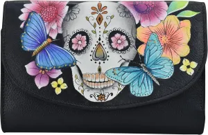 Anna by Anuschka Women's Ladies Tri Geniune Leather Hand Painted Large Three Fold Checkbook Clutch Wallet-Romantic Rose Black