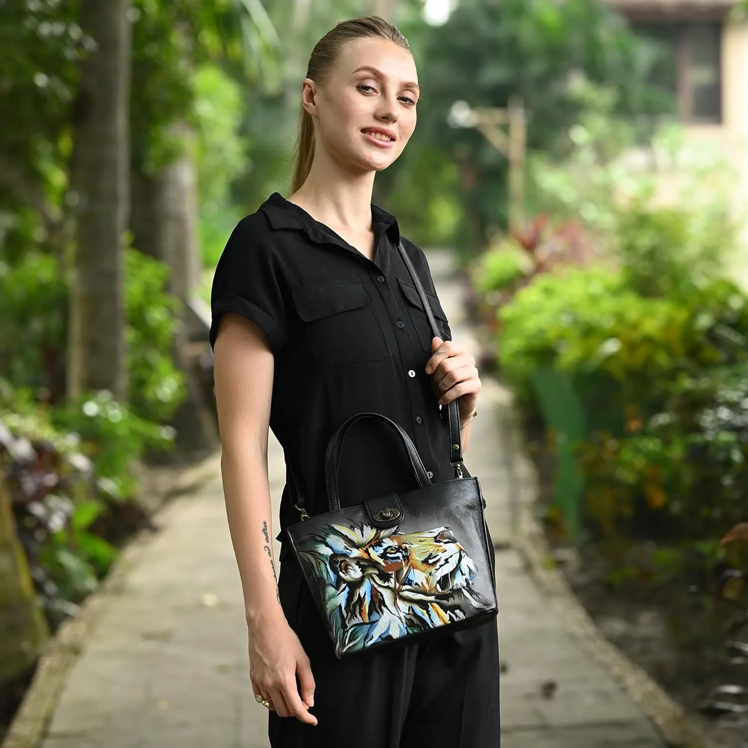 Anna by Anuschka Women’s Original Leather Hand-Painted Medium Tote with Loop and Turn Lock