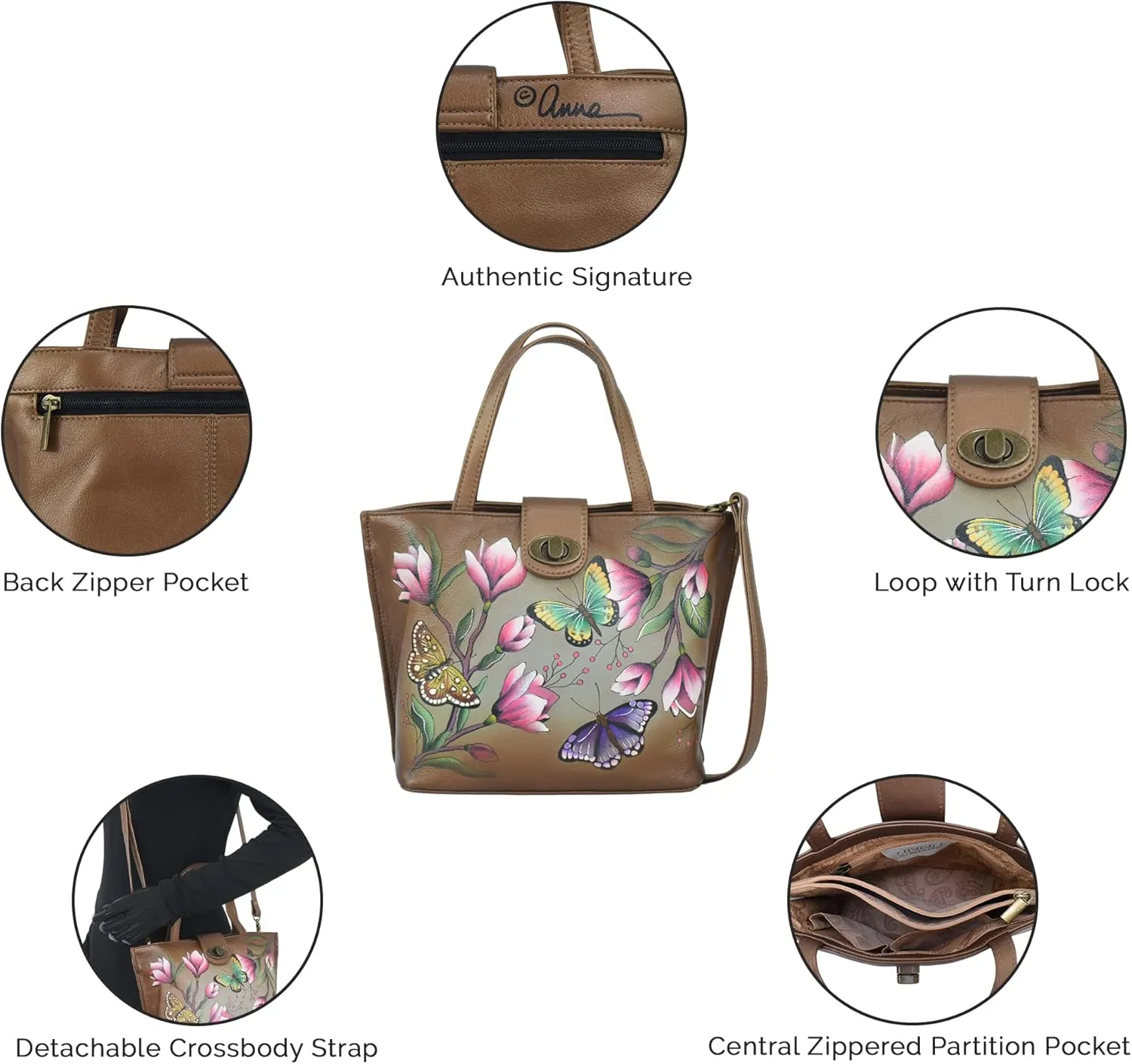 Anna by Anuschka Women’s Original Leather Hand-Painted Medium Tote with Loop and Turn Lock