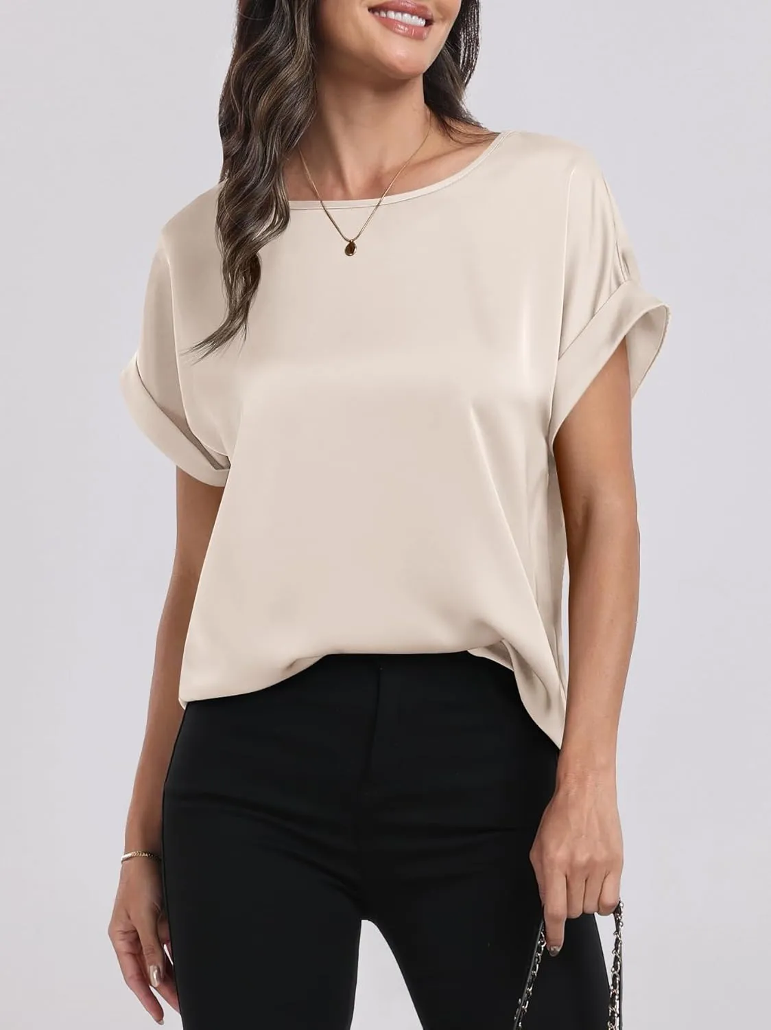 ANRABESS Women's Summer Dressy Casual Short Sleeve Shirts Crewneck Silk Satin Business Office Work Blouse Tops