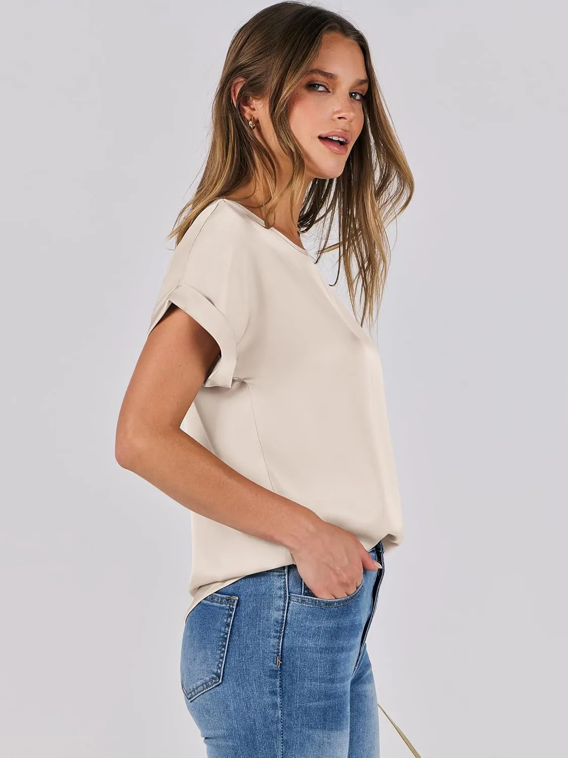 ANRABESS Women's Summer Dressy Casual Short Sleeve Shirts Crewneck Silk Satin Business Office Work Blouse Tops