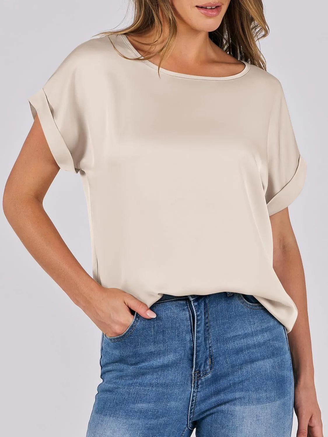 ANRABESS Women's Summer Dressy Casual Short Sleeve Shirts Crewneck Silk Satin Business Office Work Blouse Tops
