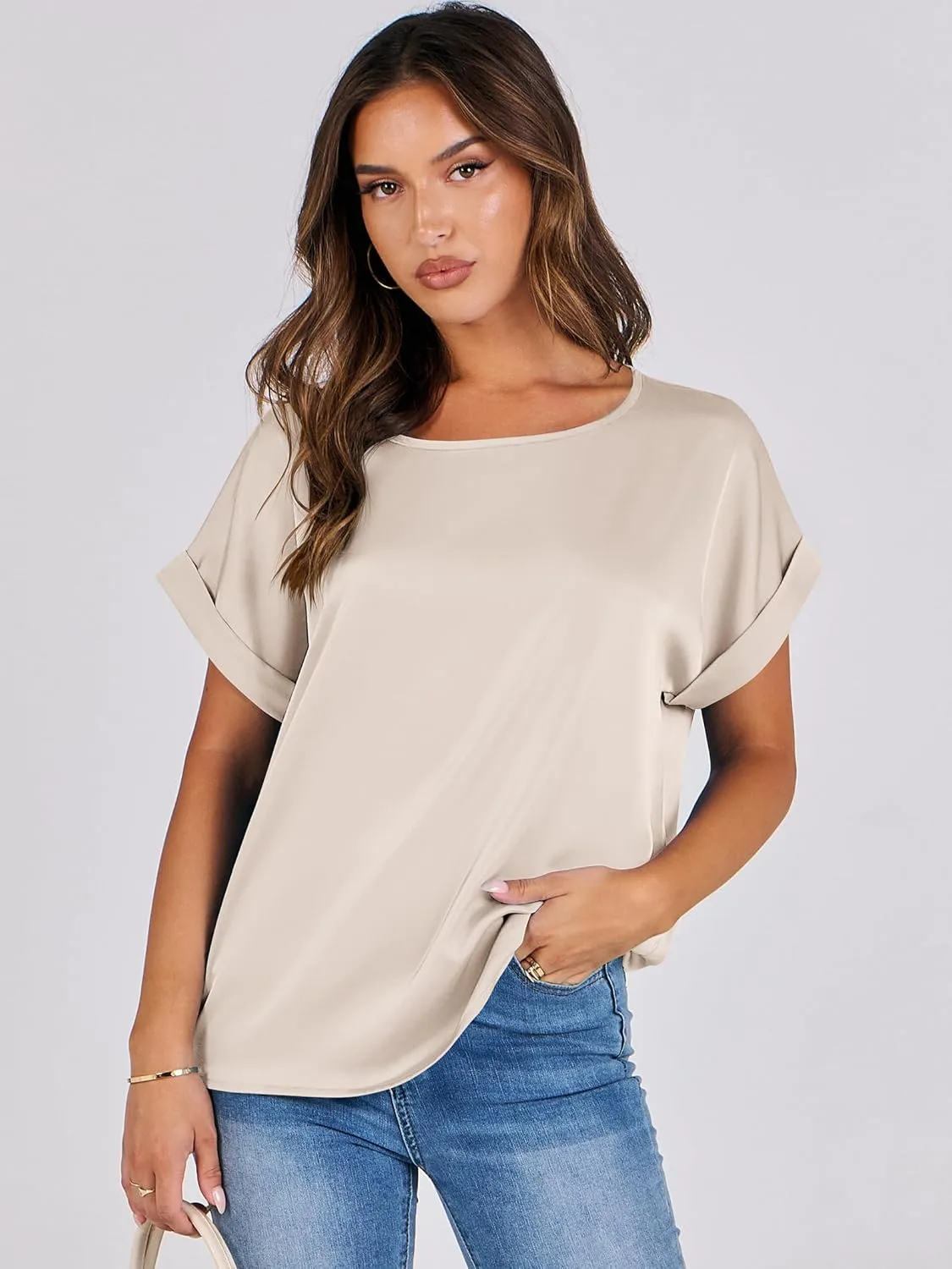 ANRABESS Women's Summer Dressy Casual Short Sleeve Shirts Crewneck Silk Satin Business Office Work Blouse Tops
