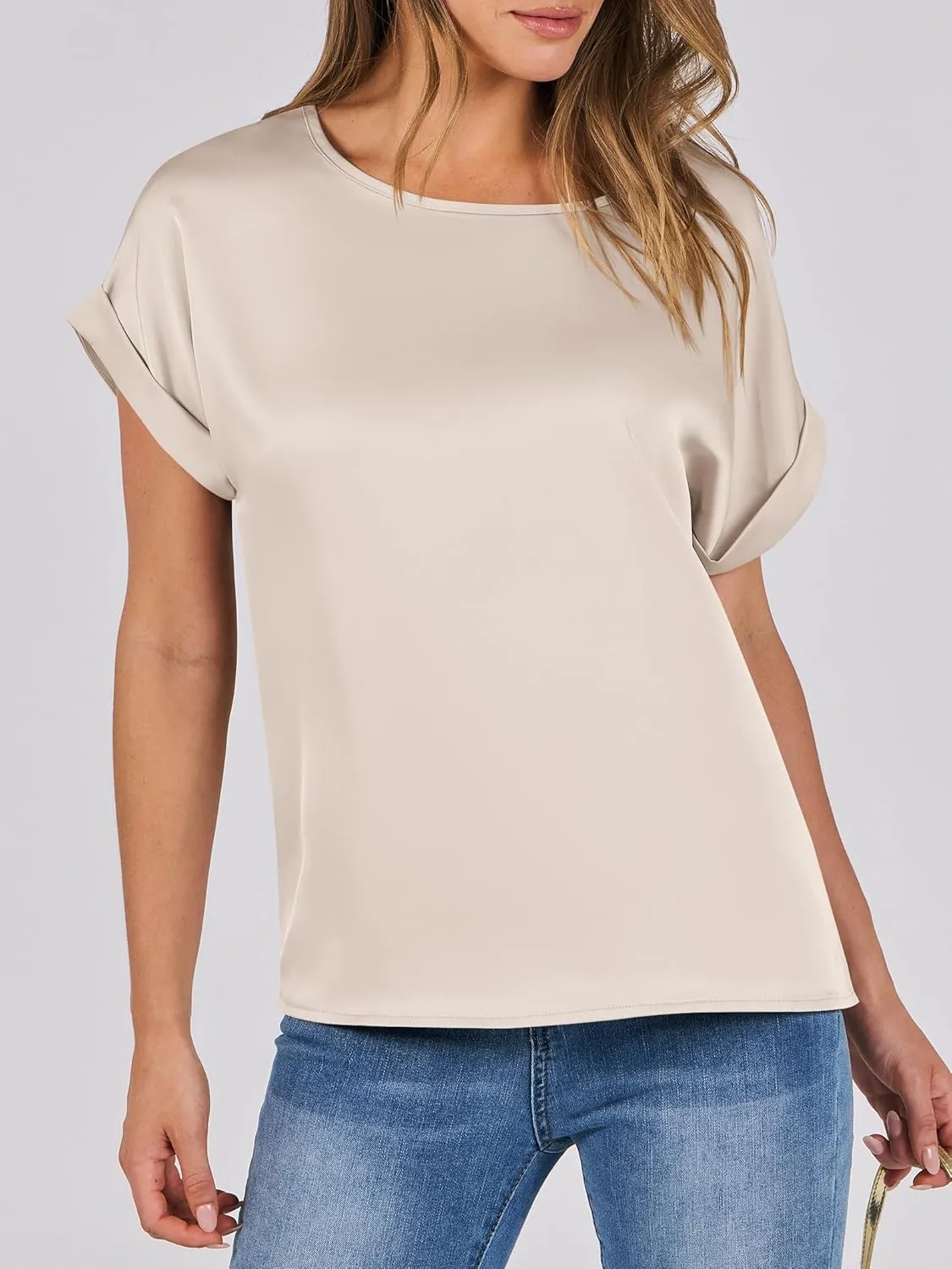 ANRABESS Women's Summer Dressy Casual Short Sleeve Shirts Crewneck Silk Satin Business Office Work Blouse Tops