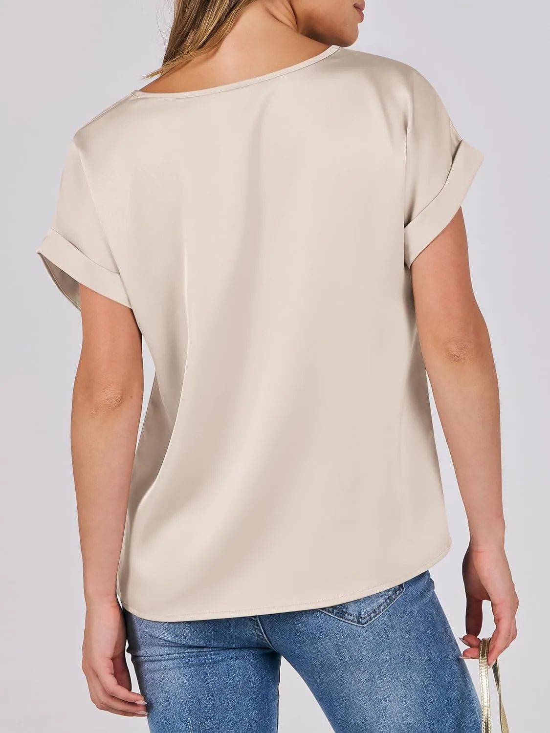 ANRABESS Women's Summer Dressy Casual Short Sleeve Shirts Crewneck Silk Satin Business Office Work Blouse Tops