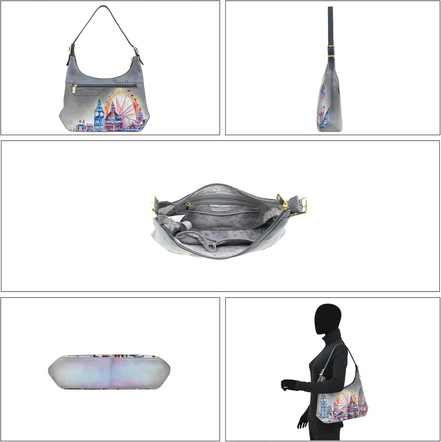 Anuschka Women’s Original Genuine Leather Hand-Painted Slim Shoulder Hobo - Leather Handbag with Zip Entry, Multiple Pockets