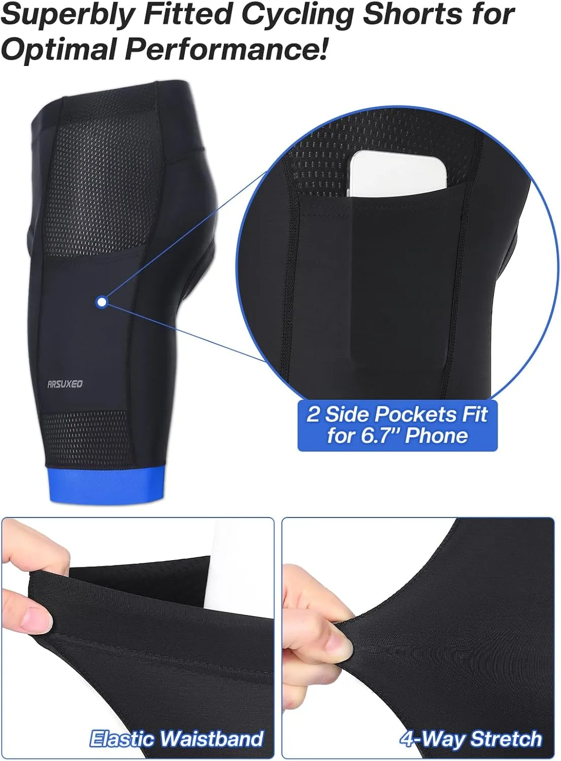 ARSUXEO 4D Padded Bike Shorts for Men Cycling Shorts with Phone Pockets Bicycle Biking Shorts
