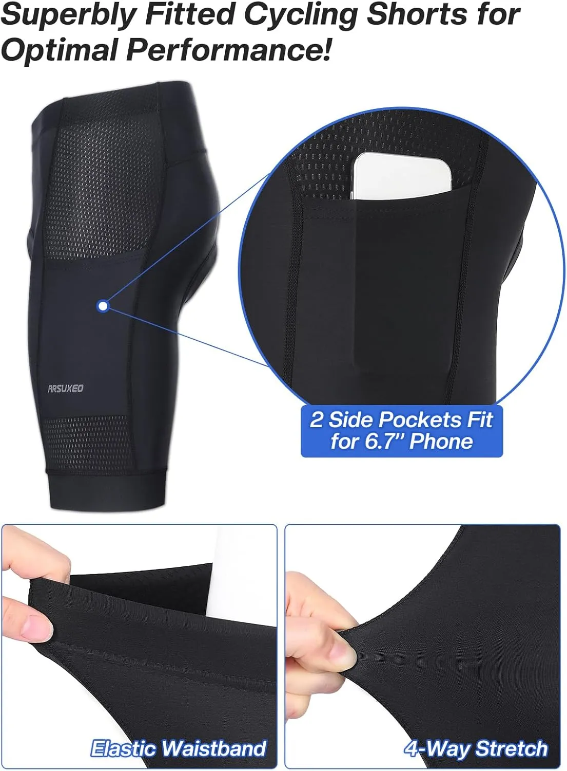 ARSUXEO 4D Padded Bike Shorts for Men Cycling Shorts with Phone Pockets Bicycle Biking Shorts