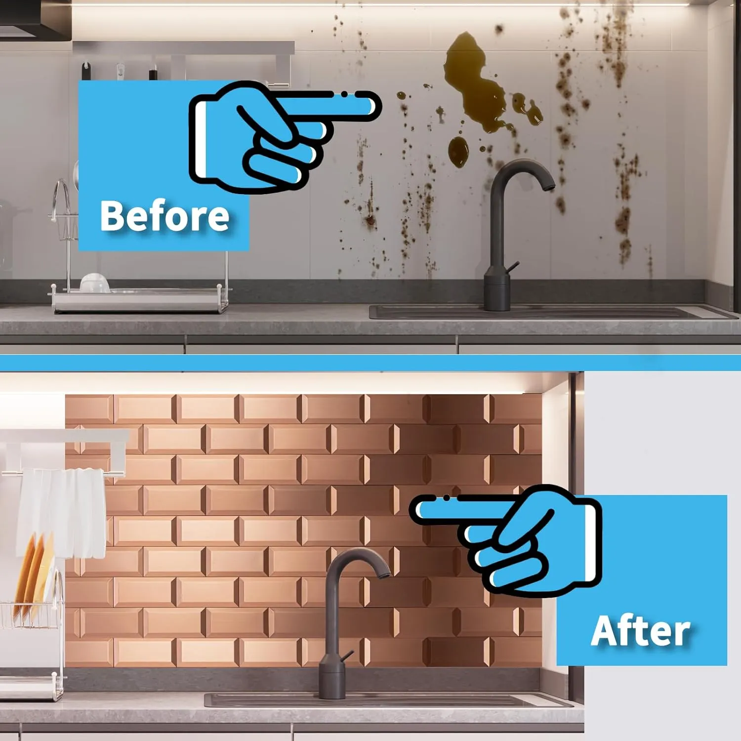 Art3d 100 Pcs Peel and Stick Backsplash Tiles, 3D Textured Metal Stick On Subway Wall Tiles for Kitchen Back Splashes, Bathroom, Laundry Room, 3 x 6 Inch, Copper