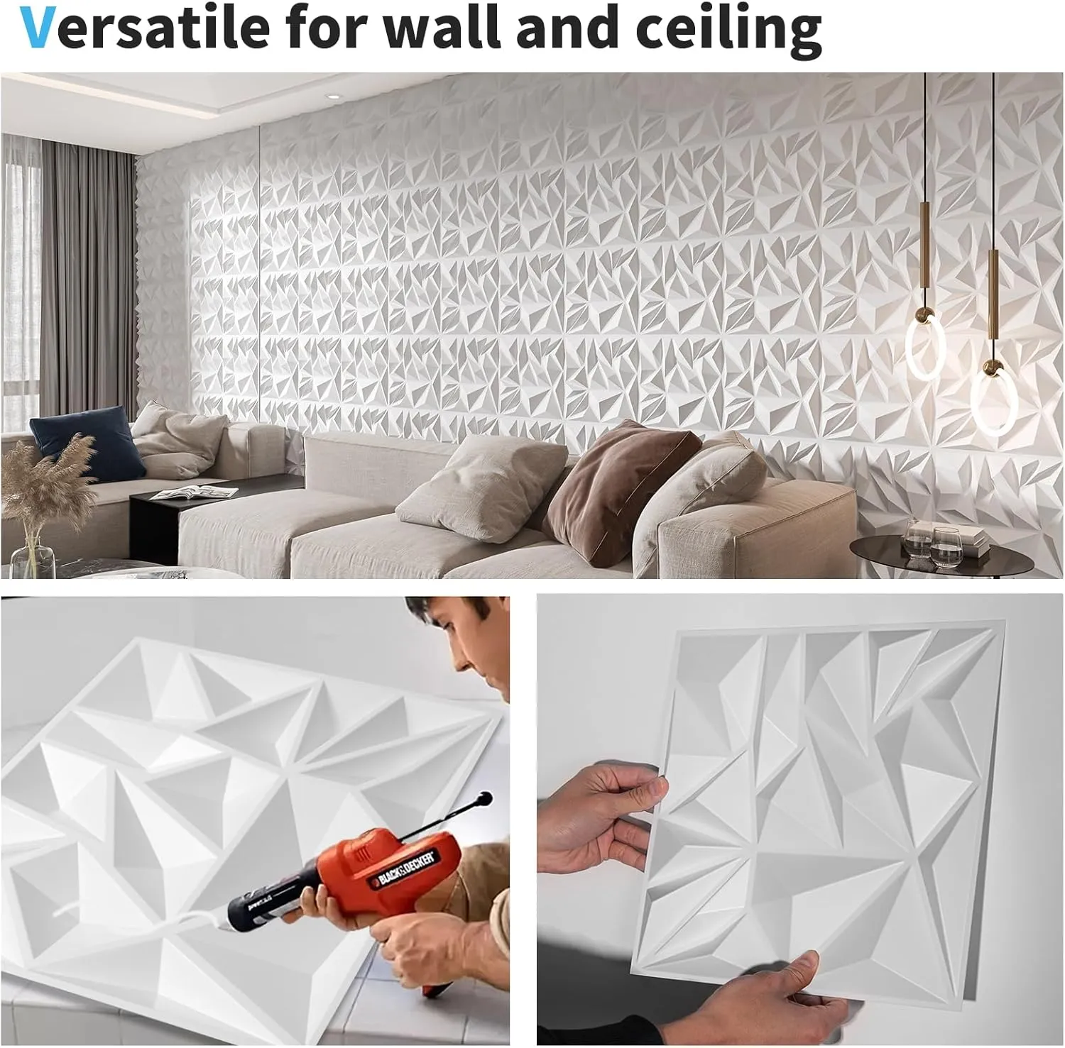 Art3d 33-Pack 3D Wall Panels for Interior Wall Decor, Modern Diamond Textured Accent Wall Paneling for Gaming Living Room TV Wall Background, 12 x 12 inch White, A10342