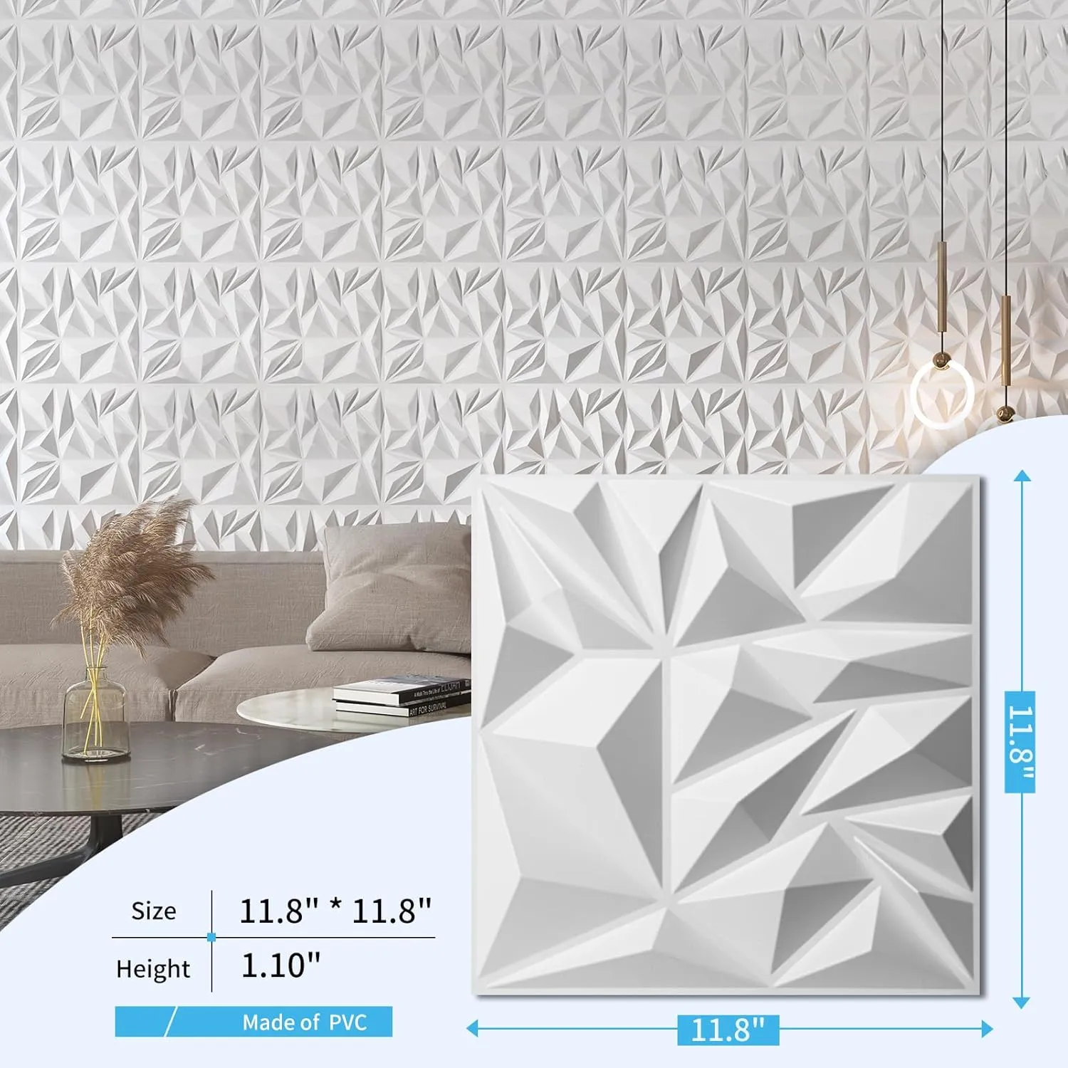 Art3d 33-Pack 3D Wall Panels for Interior Wall Decor, Modern Diamond Textured Accent Wall Paneling for Gaming Living Room TV Wall Background, 12 x 12 inch White, A10342
