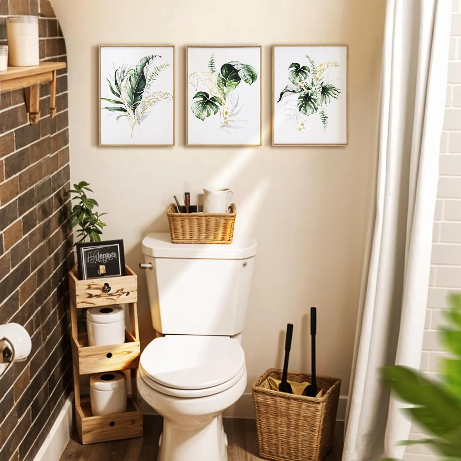 ArtbyHannah Bathroom Framed Wall Art, Botanical Canvas Paintings Wall Decor with Green and Gold Glided Textured Modern Nature Pictures Plant Prints for Living Room Bedroom (12x16 Inch, Set of 3)