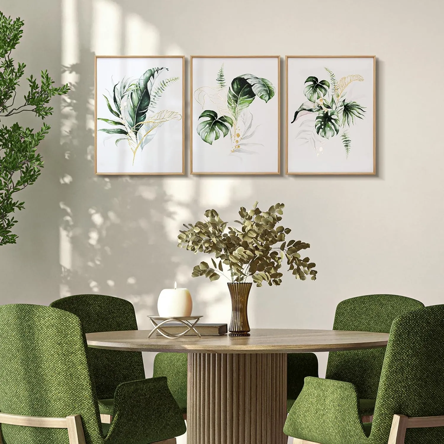 ArtbyHannah Bathroom Framed Wall Art, Botanical Canvas Paintings Wall Decor with Green and Gold Glided Textured Modern Nature Pictures Plant Prints for Living Room Bedroom (12x16 Inch, Set of 3)