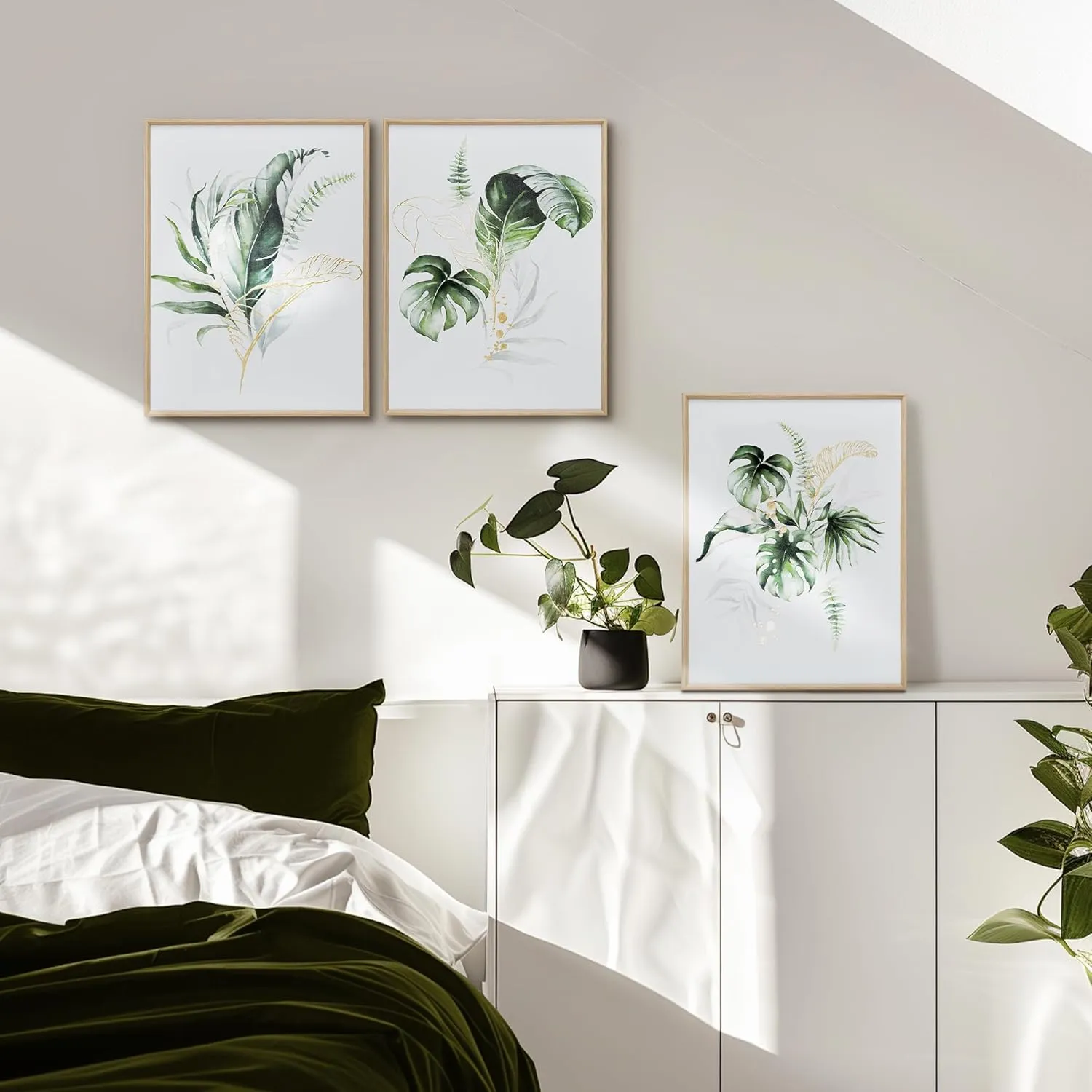 ArtbyHannah Bathroom Framed Wall Art, Botanical Canvas Paintings Wall Decor with Green and Gold Glided Textured Modern Nature Pictures Plant Prints for Living Room Bedroom (12x16 Inch, Set of 3)