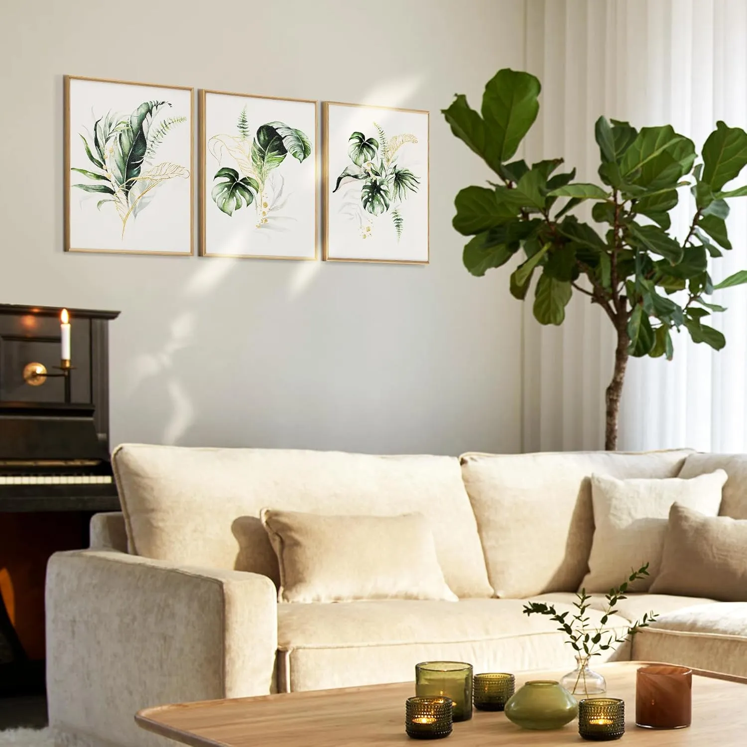 ArtbyHannah Bathroom Framed Wall Art, Botanical Canvas Paintings Wall Decor with Green and Gold Glided Textured Modern Nature Pictures Plant Prints for Living Room Bedroom (12x16 Inch, Set of 3)
