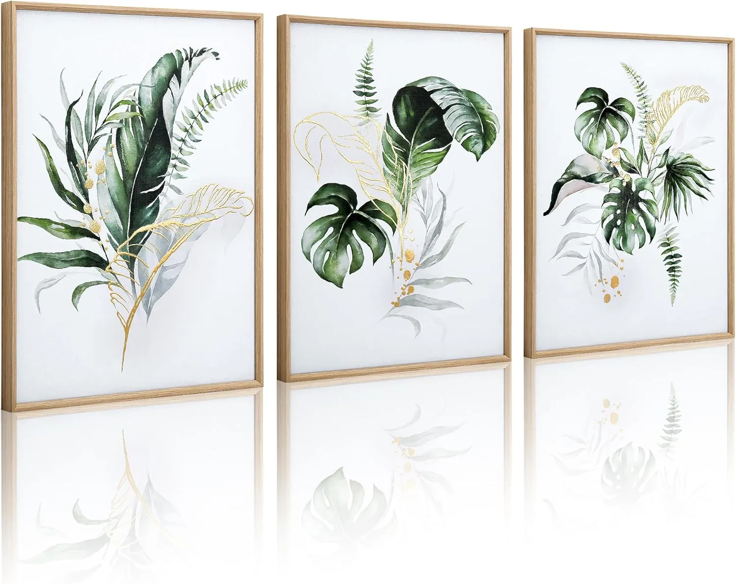 ArtbyHannah Bathroom Framed Wall Art, Botanical Canvas Paintings Wall Decor with Green and Gold Glided Textured Modern Nature Pictures Plant Prints for Living Room Bedroom (12x16 Inch, Set of 3)