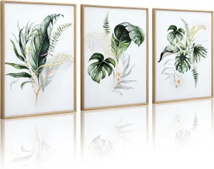 ArtbyHannah Bathroom Framed Wall Art, Botanical Canvas Paintings Wall Decor with Green and Gold Glided Textured Modern Nature Pictures Plant Prints for Living Room Bedroom (12x16 Inch, Set of 3)
