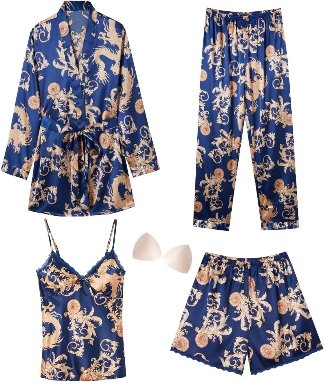 Arwser Women's Silk Satin Pajamas Set 4 Pcs Luxury Sleepwear Cami Top Pjs with Shorts and Robe