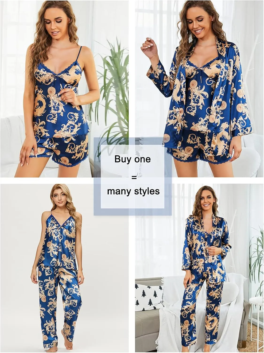 Arwser Women's Silk Satin Pajamas Set 4 Pcs Luxury Sleepwear Cami Top Pjs with Shorts and Robe