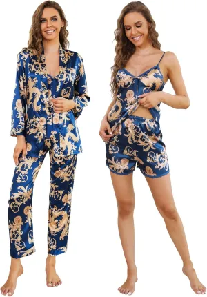 Arwser Women's Silk Satin Pajamas Set 4 Pcs Luxury Sleepwear Cami Top Pjs with Shorts and Robe